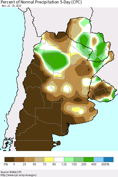 Southern South America Percent of Normal Precipitation 5-Day (CPC) Thematic Map For 11/21/2022 - 11/25/2022