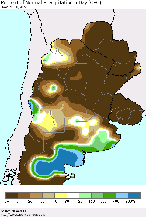 Southern South America Percent of Normal Precipitation 5-Day (CPC) Thematic Map For 11/26/2022 - 11/30/2022
