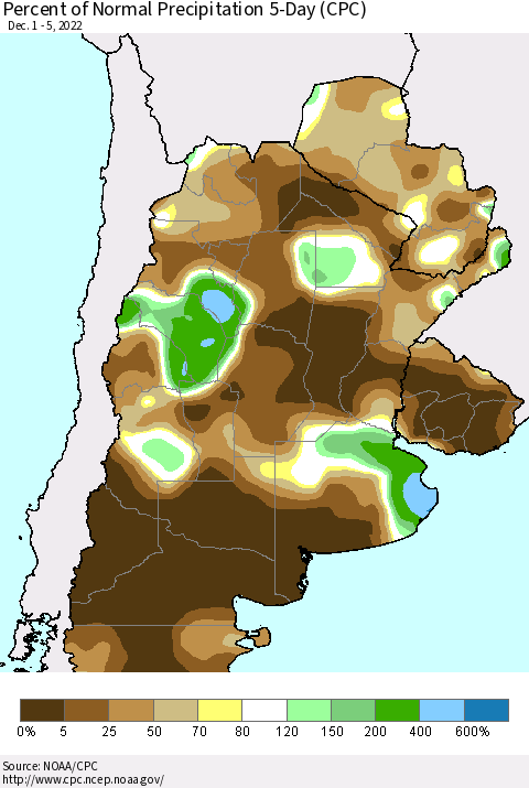 Southern South America Percent of Normal Precipitation 5-Day (CPC) Thematic Map For 12/1/2022 - 12/5/2022