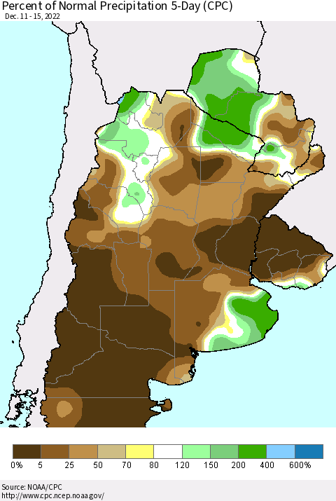 Southern South America Percent of Normal Precipitation 5-Day (CPC) Thematic Map For 12/11/2022 - 12/15/2022
