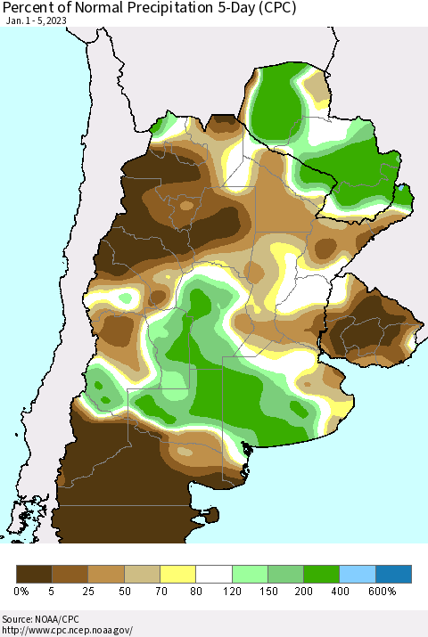 Southern South America Percent of Normal Precipitation 5-Day (CPC) Thematic Map For 1/1/2023 - 1/5/2023