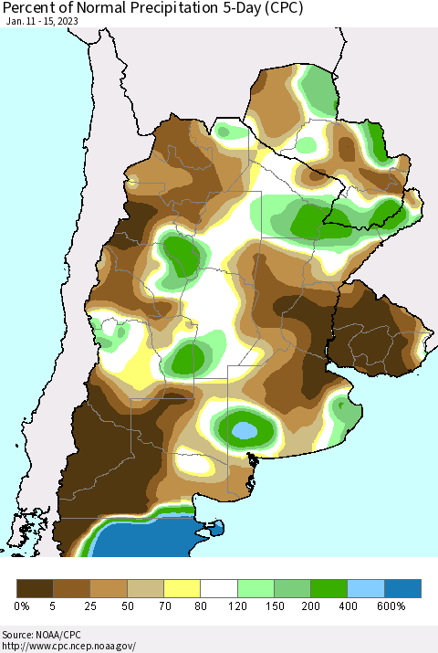 Southern South America Percent of Normal Precipitation 5-Day (CPC) Thematic Map For 1/11/2023 - 1/15/2023