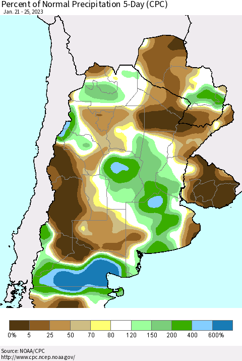 Southern South America Percent of Normal Precipitation 5-Day (CPC) Thematic Map For 1/21/2023 - 1/25/2023