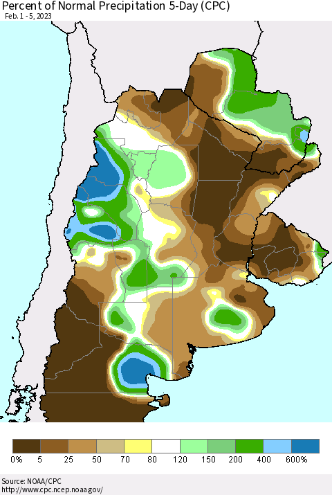 Southern South America Percent of Normal Precipitation 5-Day (CPC) Thematic Map For 2/1/2023 - 2/5/2023