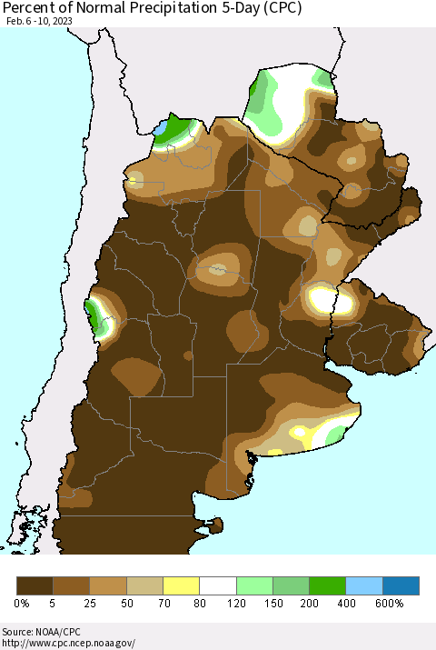 Southern South America Percent of Normal Precipitation 5-Day (CPC) Thematic Map For 2/6/2023 - 2/10/2023