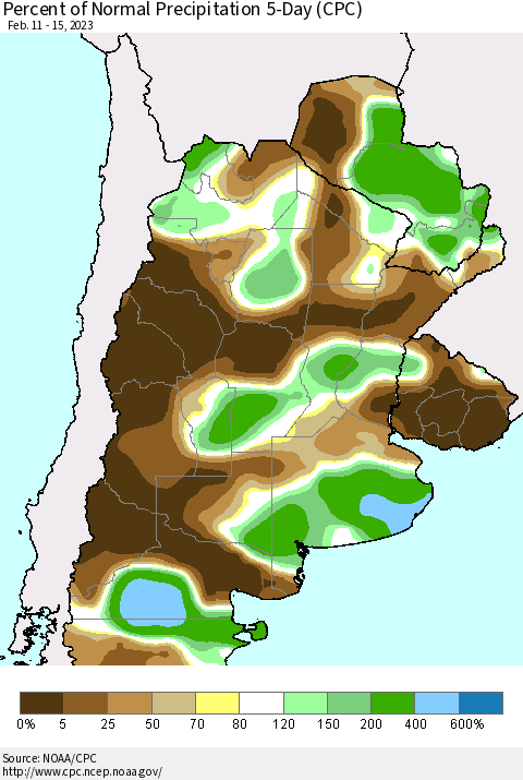 Southern South America Percent of Normal Precipitation 5-Day (CPC) Thematic Map For 2/11/2023 - 2/15/2023