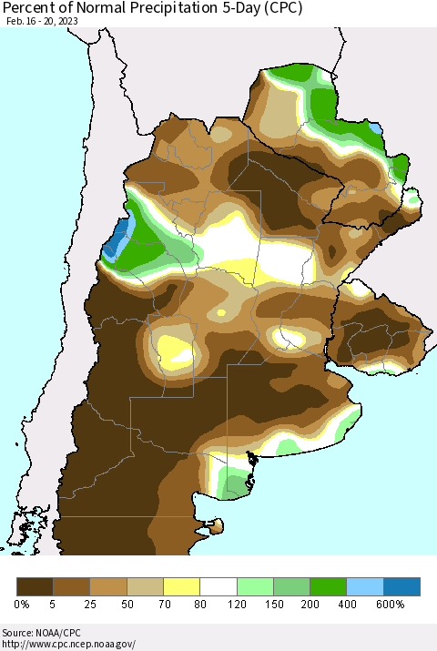 Southern South America Percent of Normal Precipitation 5-Day (CPC) Thematic Map For 2/16/2023 - 2/20/2023