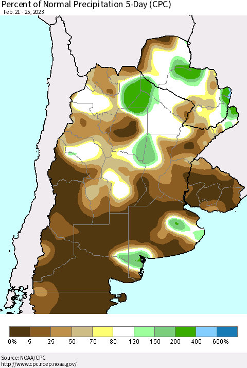 Southern South America Percent of Normal Precipitation 5-Day (CPC) Thematic Map For 2/21/2023 - 2/25/2023