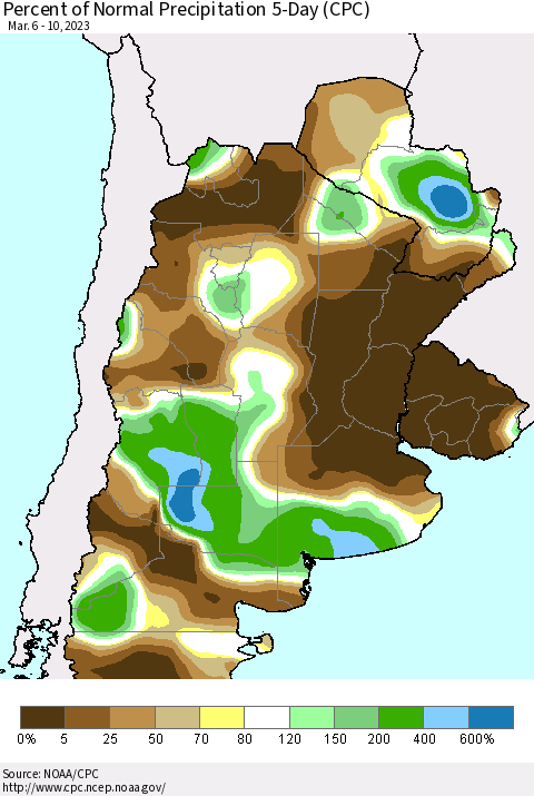 Southern South America Percent of Normal Precipitation 5-Day (CPC) Thematic Map For 3/6/2023 - 3/10/2023