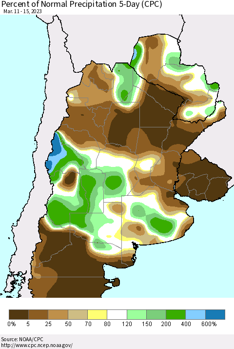 Southern South America Percent of Normal Precipitation 5-Day (CPC) Thematic Map For 3/11/2023 - 3/15/2023