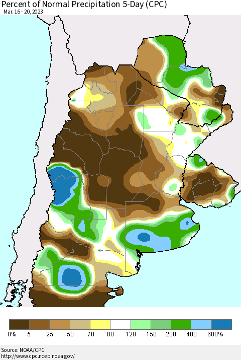 Southern South America Percent of Normal Precipitation 5-Day (CPC) Thematic Map For 3/16/2023 - 3/20/2023