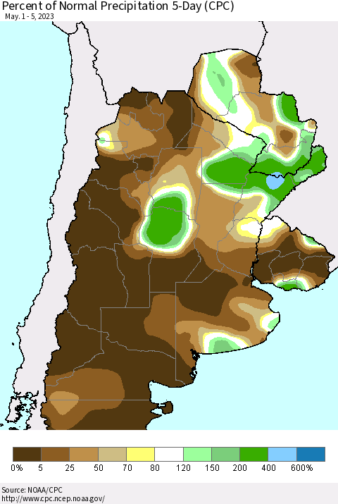 Southern South America Percent of Normal Precipitation 5-Day (CPC) Thematic Map For 5/1/2023 - 5/5/2023