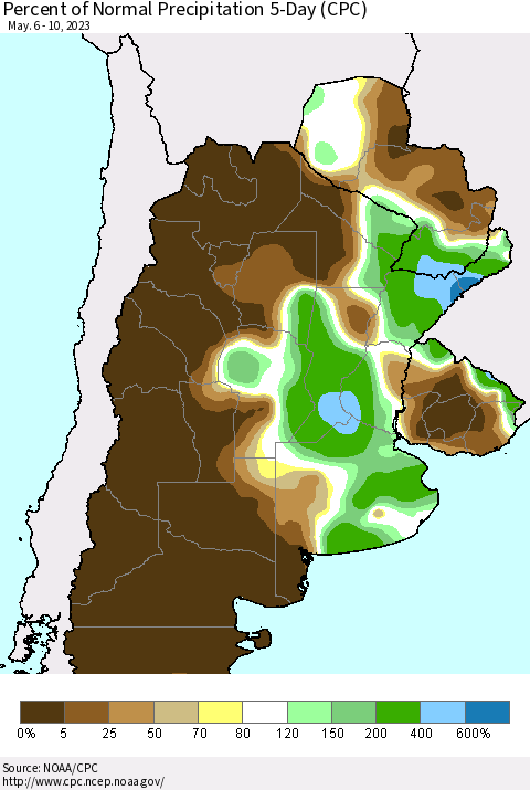 Southern South America Percent of Normal Precipitation 5-Day (CPC) Thematic Map For 5/6/2023 - 5/10/2023