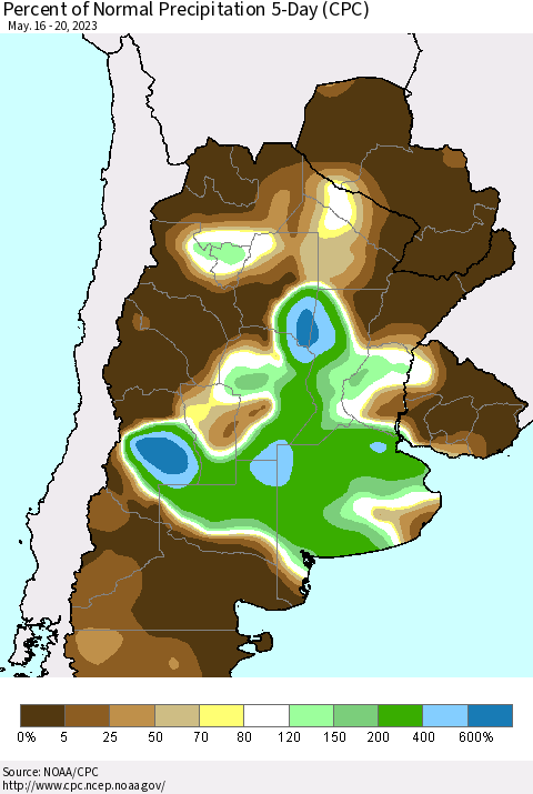 Southern South America Percent of Normal Precipitation 5-Day (CPC) Thematic Map For 5/16/2023 - 5/20/2023