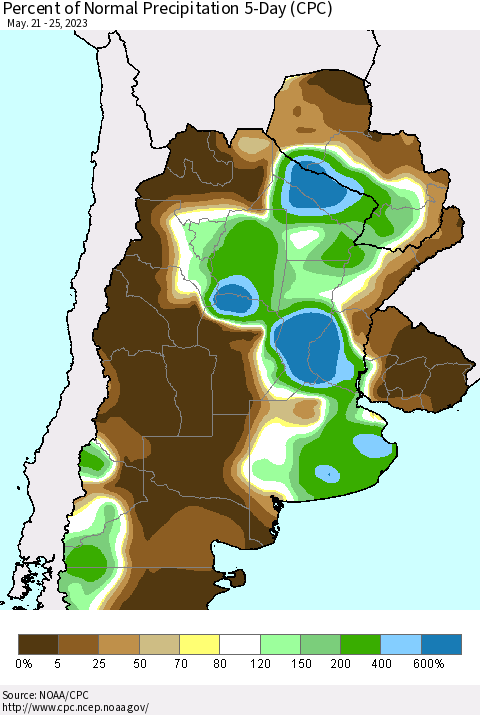 Southern South America Percent of Normal Precipitation 5-Day (CPC) Thematic Map For 5/21/2023 - 5/25/2023