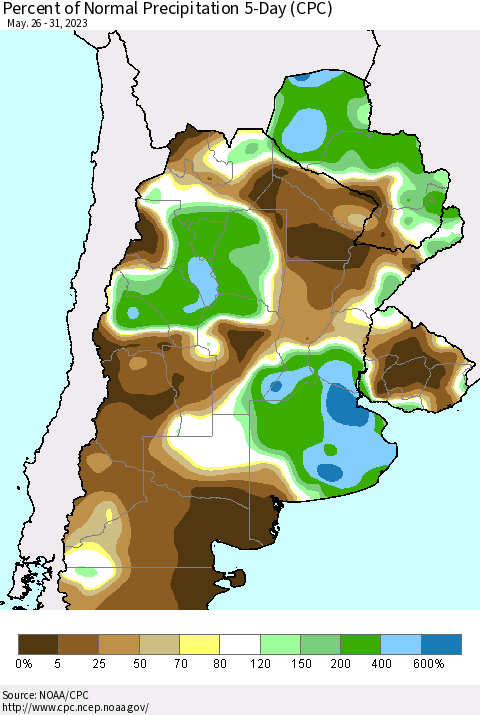 Southern South America Percent of Normal Precipitation 5-Day (CPC) Thematic Map For 5/26/2023 - 5/31/2023