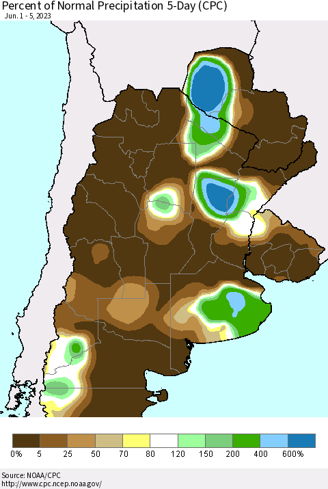 Southern South America Percent of Normal Precipitation 5-Day (CPC) Thematic Map For 6/1/2023 - 6/5/2023