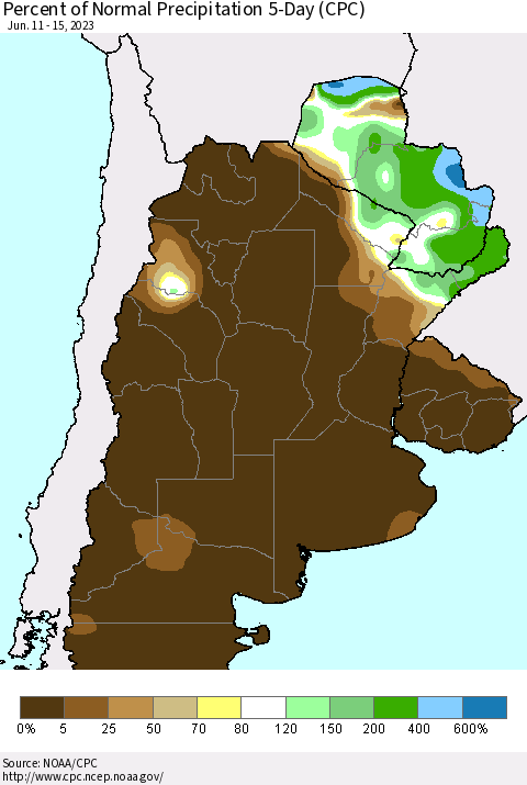 Southern South America Percent of Normal Precipitation 5-Day (CPC) Thematic Map For 6/11/2023 - 6/15/2023