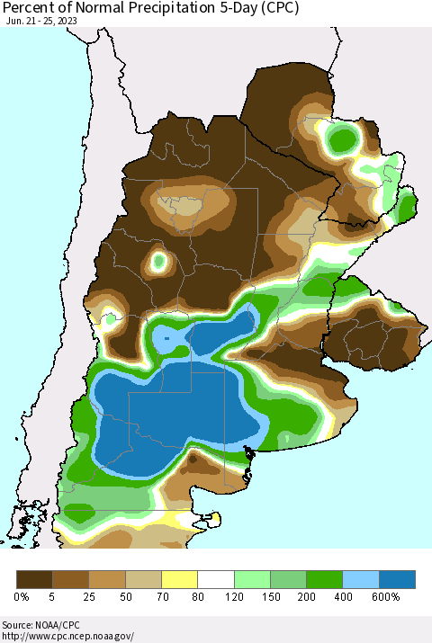 Southern South America Percent of Normal Precipitation 5-Day (CPC) Thematic Map For 6/21/2023 - 6/25/2023