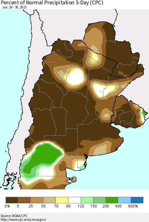 Southern South America Percent of Normal Precipitation 5-Day (CPC) Thematic Map For 6/26/2023 - 6/30/2023