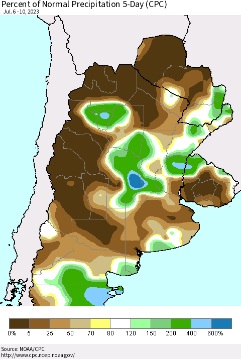 Southern South America Percent of Normal Precipitation 5-Day (CPC) Thematic Map For 7/6/2023 - 7/10/2023