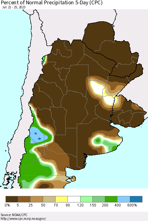 Southern South America Percent of Normal Precipitation 5-Day (CPC) Thematic Map For 7/21/2023 - 7/25/2023