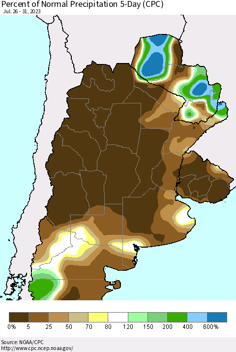 Southern South America Percent of Normal Precipitation 5-Day (CPC) Thematic Map For 7/26/2023 - 7/31/2023