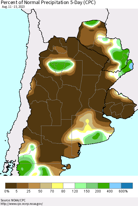 Southern South America Percent of Normal Precipitation 5-Day (CPC) Thematic Map For 8/11/2023 - 8/15/2023