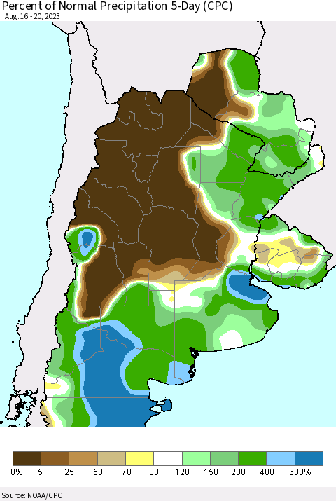 Southern South America Percent of Normal Precipitation 5-Day (CPC) Thematic Map For 8/16/2023 - 8/20/2023