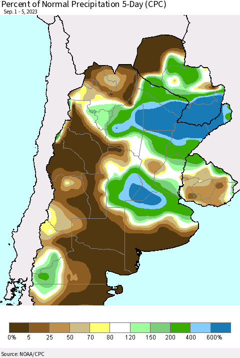 Southern South America Percent of Normal Precipitation 5-Day (CPC) Thematic Map For 9/1/2023 - 9/5/2023