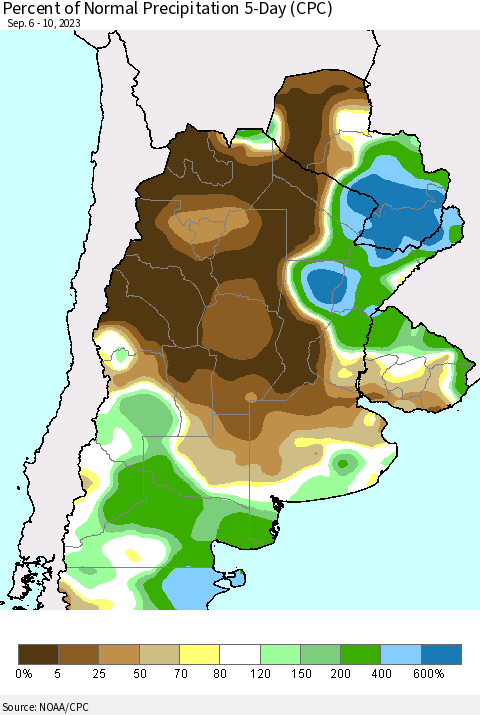 Southern South America Percent of Normal Precipitation 5-Day (CPC) Thematic Map For 9/6/2023 - 9/10/2023