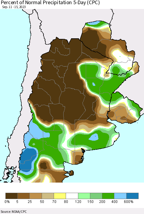 Southern South America Percent of Normal Precipitation 5-Day (CPC) Thematic Map For 9/11/2023 - 9/15/2023