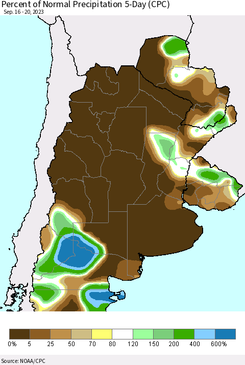 Southern South America Percent of Normal Precipitation 5-Day (CPC) Thematic Map For 9/16/2023 - 9/20/2023
