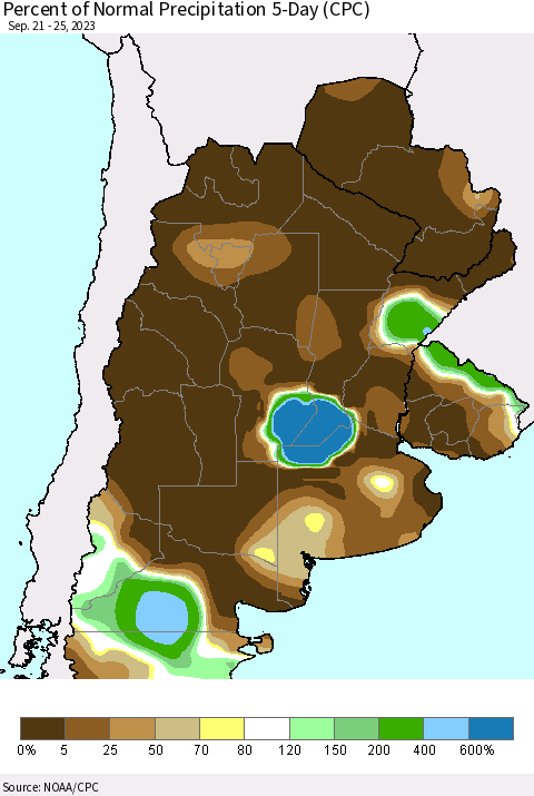 Southern South America Percent of Normal Precipitation 5-Day (CPC) Thematic Map For 9/21/2023 - 9/25/2023