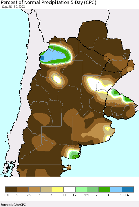 Southern South America Percent of Normal Precipitation 5-Day (CPC) Thematic Map For 9/26/2023 - 9/30/2023