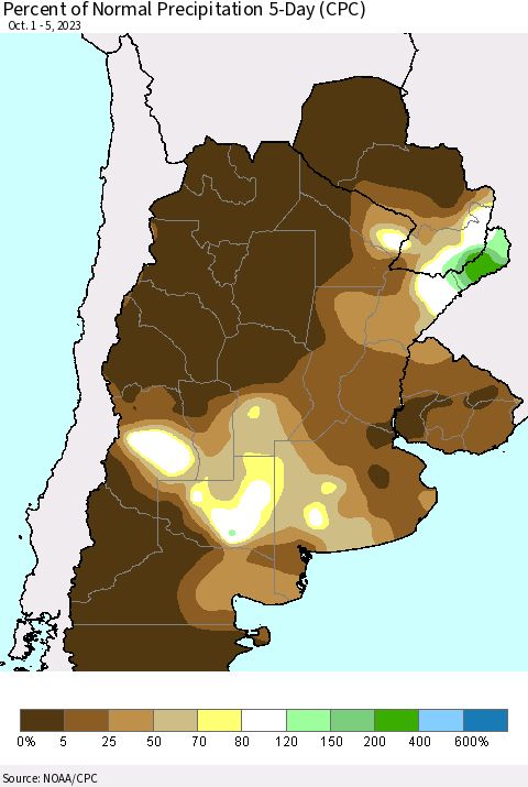Southern South America Percent of Normal Precipitation 5-Day (CPC) Thematic Map For 10/1/2023 - 10/5/2023