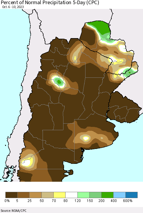 Southern South America Percent of Normal Precipitation 5-Day (CPC) Thematic Map For 10/6/2023 - 10/10/2023