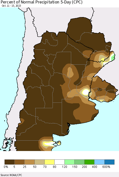 Southern South America Percent of Normal Precipitation 5-Day (CPC) Thematic Map For 10/11/2023 - 10/15/2023