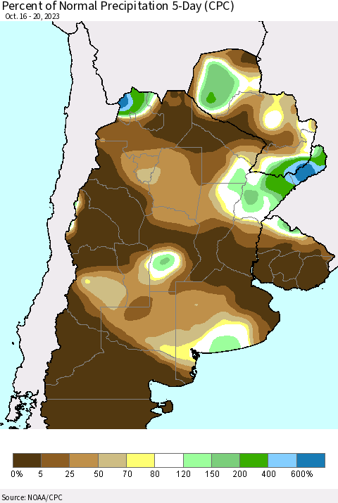 Southern South America Percent of Normal Precipitation 5-Day (CPC) Thematic Map For 10/16/2023 - 10/20/2023