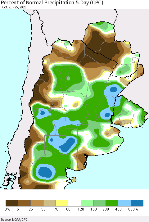 Southern South America Percent of Normal Precipitation 5-Day (CPC) Thematic Map For 10/21/2023 - 10/25/2023