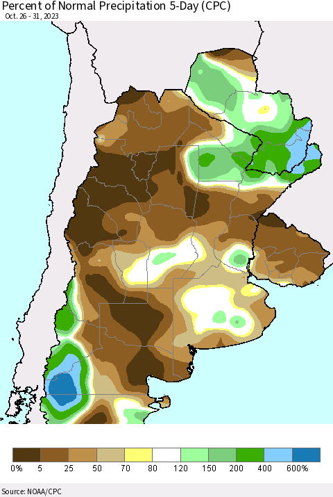 Southern South America Percent of Normal Precipitation 5-Day (CPC) Thematic Map For 10/26/2023 - 10/31/2023