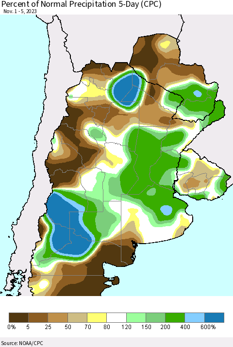 Southern South America Percent of Normal Precipitation 5-Day (CPC) Thematic Map For 11/1/2023 - 11/5/2023