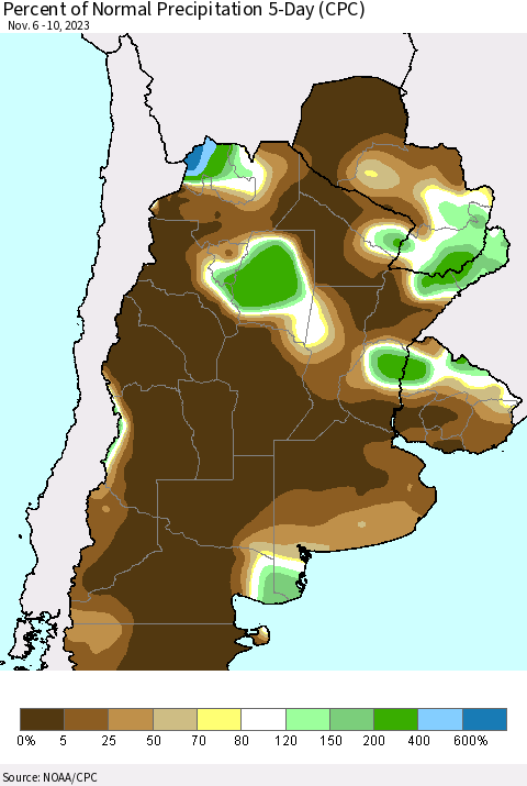 Southern South America Percent of Normal Precipitation 5-Day (CPC) Thematic Map For 11/6/2023 - 11/10/2023