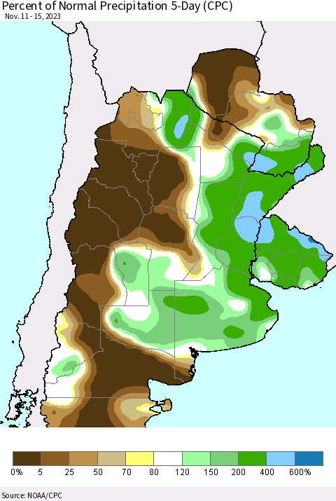 Southern South America Percent of Normal Precipitation 5-Day (CPC) Thematic Map For 11/11/2023 - 11/15/2023