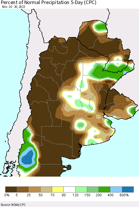 Southern South America Percent of Normal Precipitation 5-Day (CPC) Thematic Map For 11/16/2023 - 11/20/2023