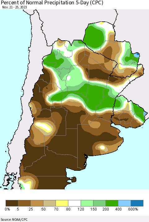 Southern South America Percent of Normal Precipitation 5-Day (CPC) Thematic Map For 11/21/2023 - 11/25/2023