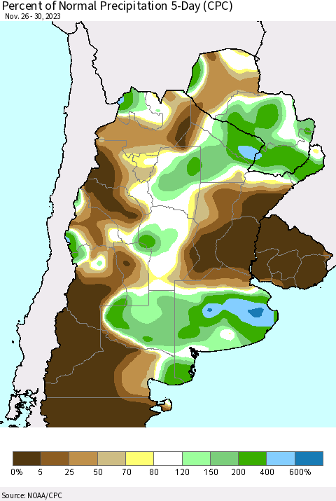 Southern South America Percent of Normal Precipitation 5-Day (CPC) Thematic Map For 11/26/2023 - 11/30/2023