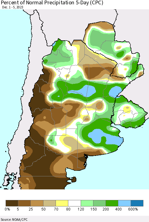 Southern South America Percent of Normal Precipitation 5-Day (CPC) Thematic Map For 12/1/2023 - 12/5/2023