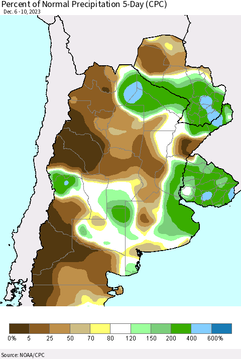 Southern South America Percent of Normal Precipitation 5-Day (CPC) Thematic Map For 12/6/2023 - 12/10/2023