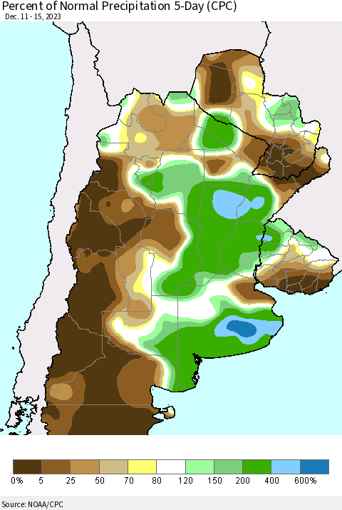 Southern South America Percent of Normal Precipitation 5-Day (CPC) Thematic Map For 12/11/2023 - 12/15/2023